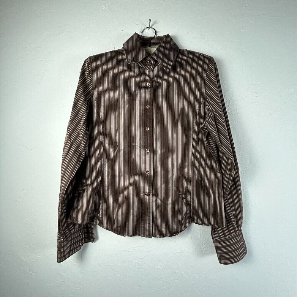 Faconnable Button Up Shirt Womens Medium Brown Striped Cotton Long Sleeve Casual
